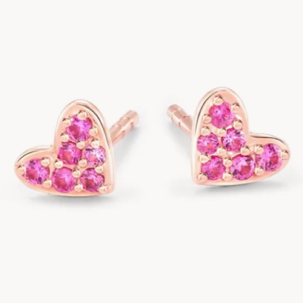 Kendra Scott 14k Solid Rose Gold Pink Sapphire Heart Stud Earrings - Picture 12 of 12